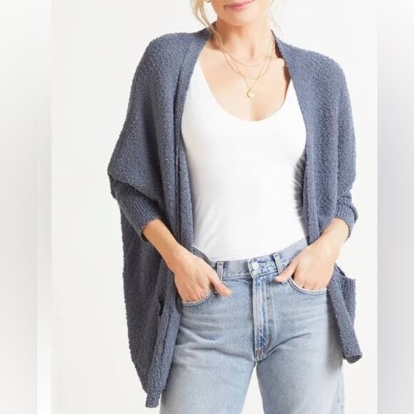 Evereve Navy Izzie Cardigan Nubby Open Front Long Sleeve Sweater Size Small - Picture 3 of 7